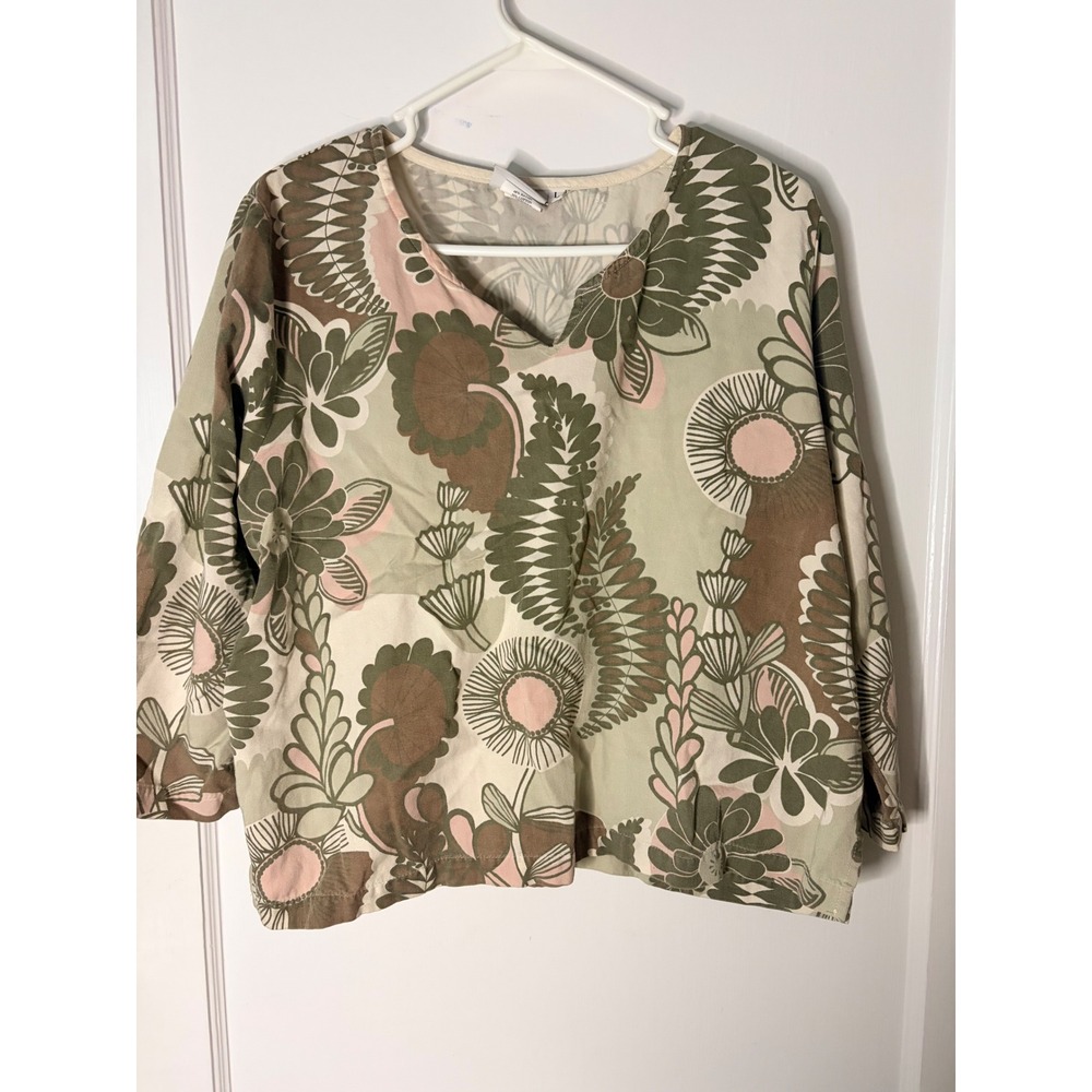 Hot Cotton by Marc Ware Floral V-Neck Blouse Green Pink Brown Large Made in USA